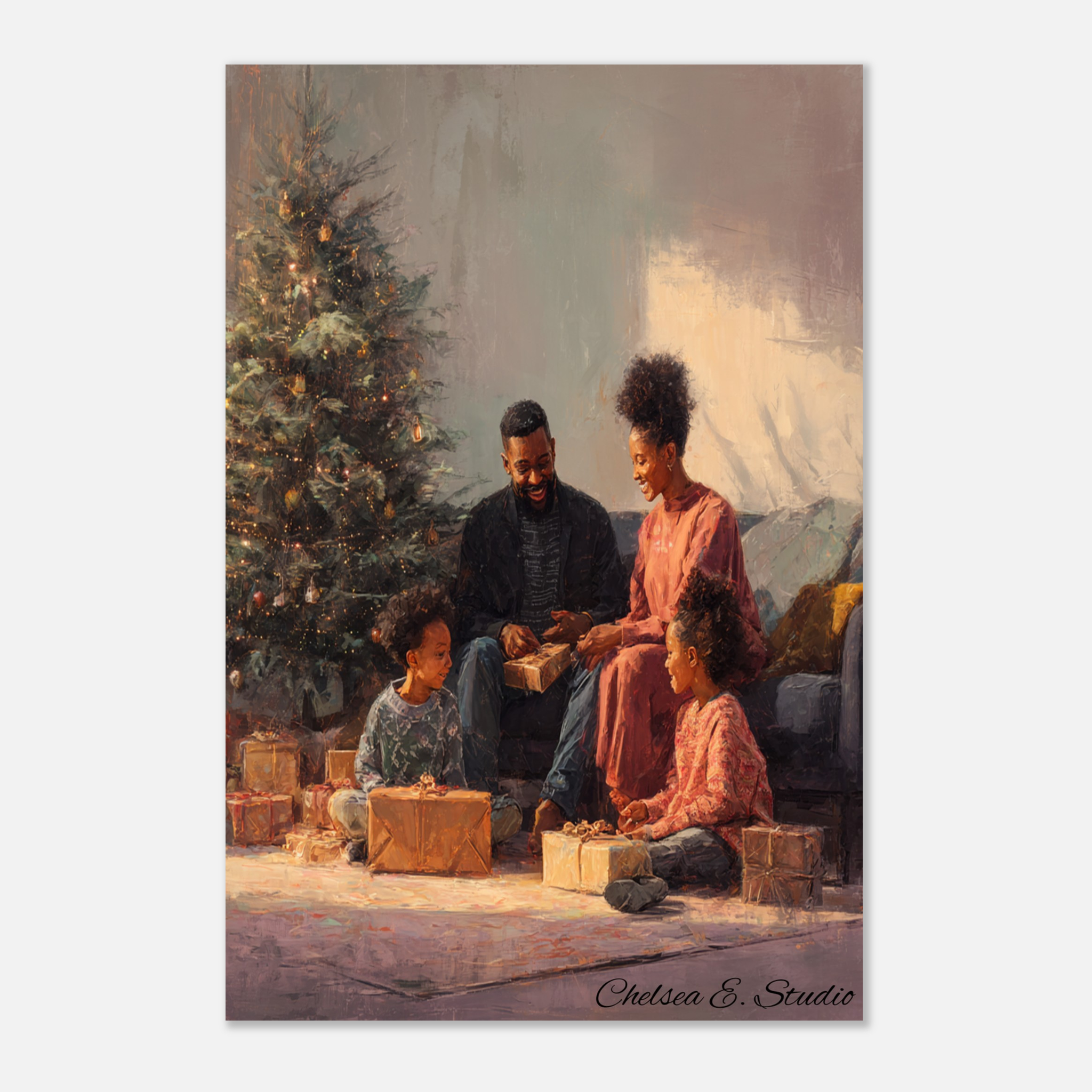 Christmas Poster featuring a joyful Black family Christmas morning scene with gifts and holiday warmth.