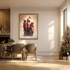 Christmas Poster featuring Black Santa embracing children in a snowy winter scene with a cardinal.