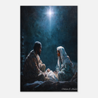 Christmas Poster featuring Mary, Joseph and baby Jesus beneath the Christmas star in a classic Nativity scene.