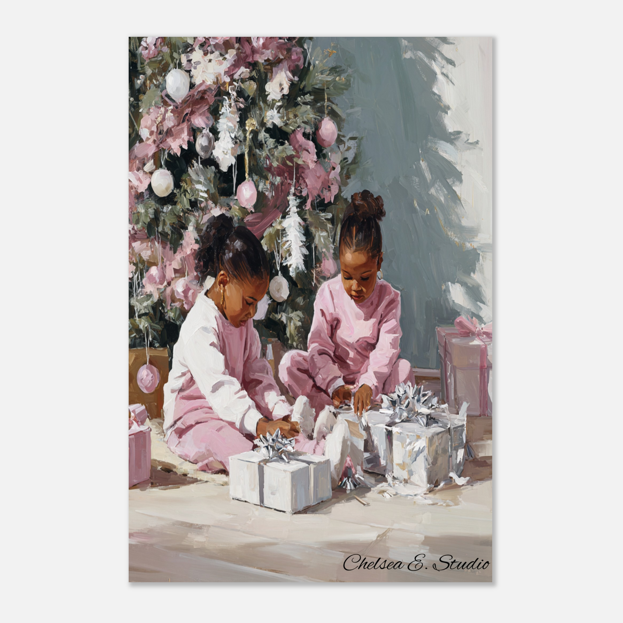 Christmas Poster featuring young Black girls in a sweet Christmas holiday scene.