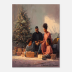 Christmas Poster featuring a joyful Black family Christmas morning scene with gifts and holiday warmth.