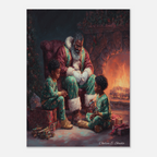 Christmas Poster featuring Black Santa sharing a warm fireside Christmas moment.