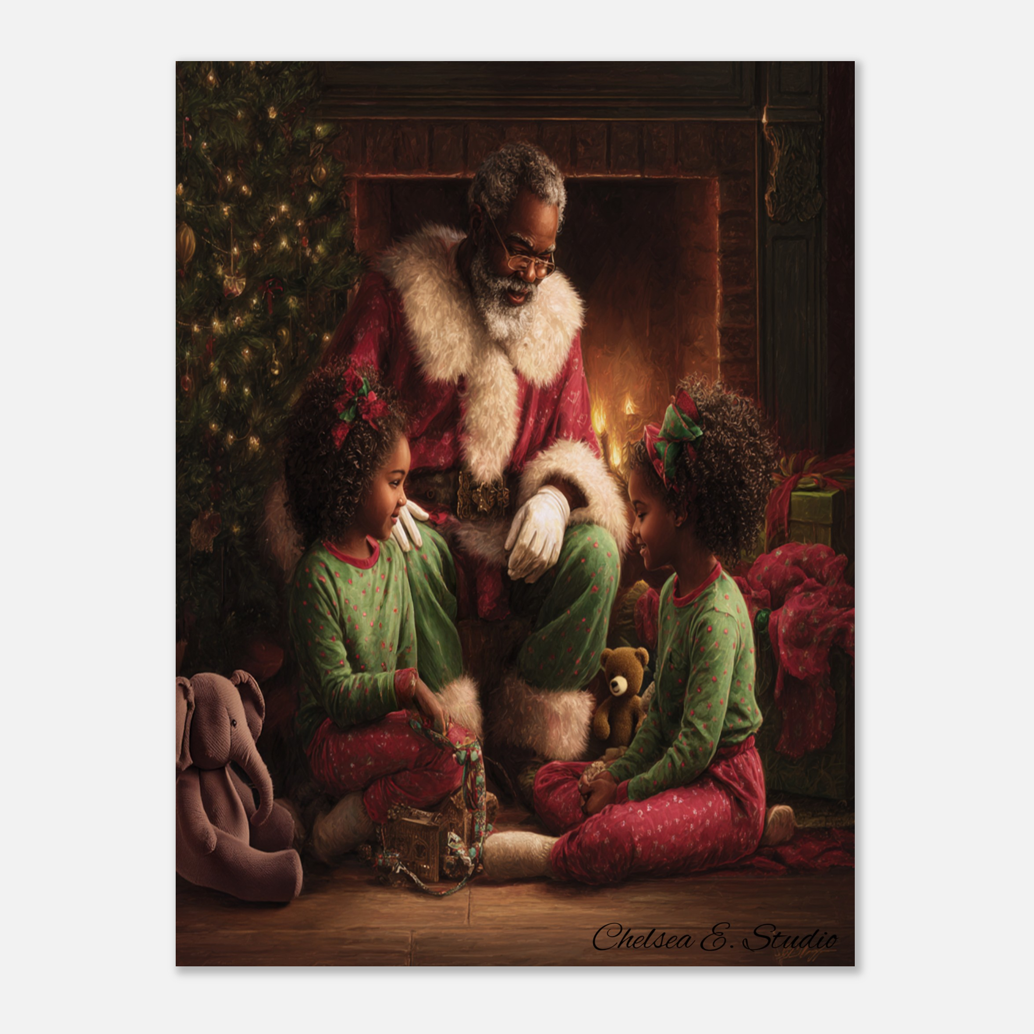 Christmas Poster featuring Black Santa reading a cozy Christmas story to children.