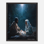 Christmas Poster featuring Mary, Joseph and baby Jesus beneath the Christmas star in a classic Nativity scene.