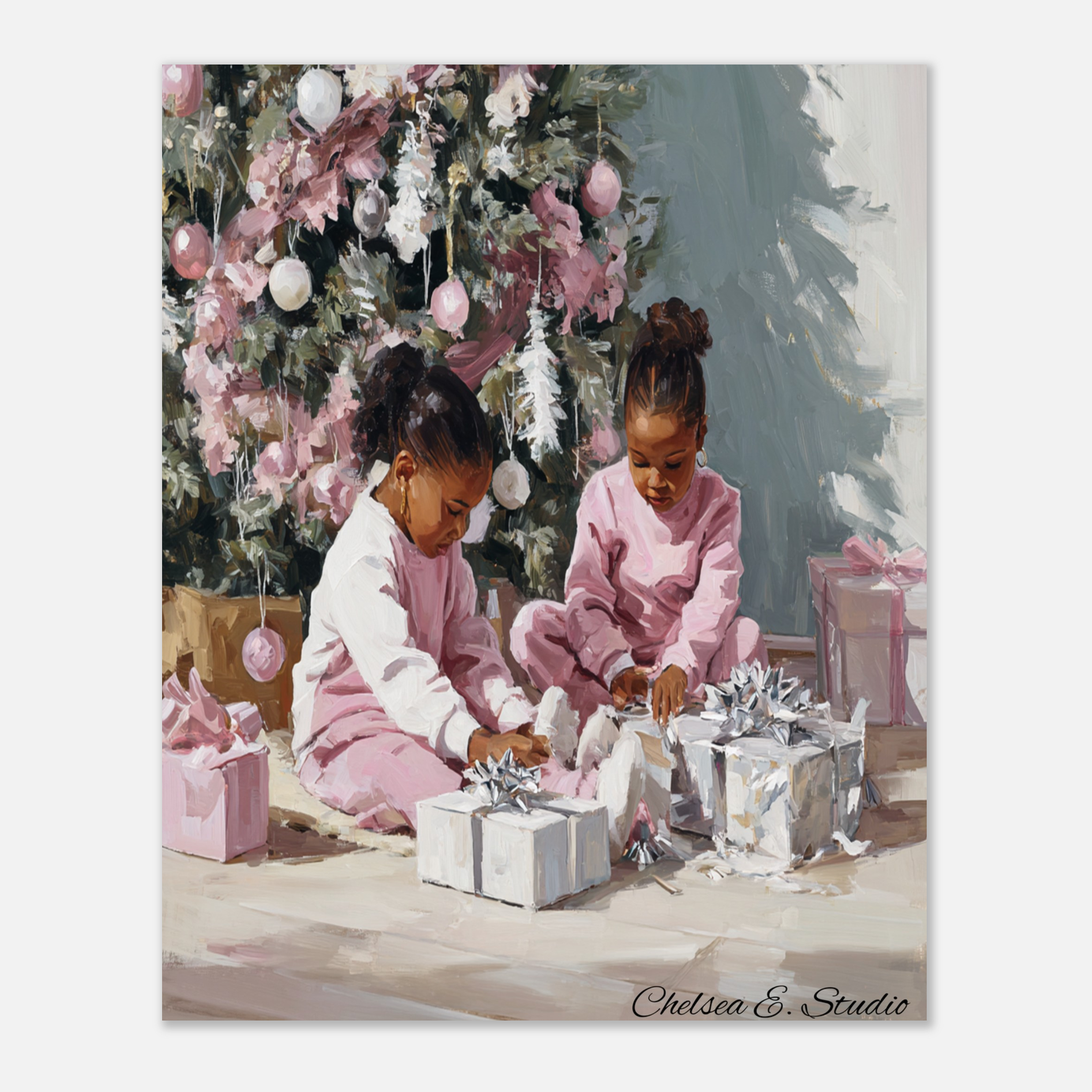 Christmas Poster featuring young Black girls in a sweet Christmas holiday scene.