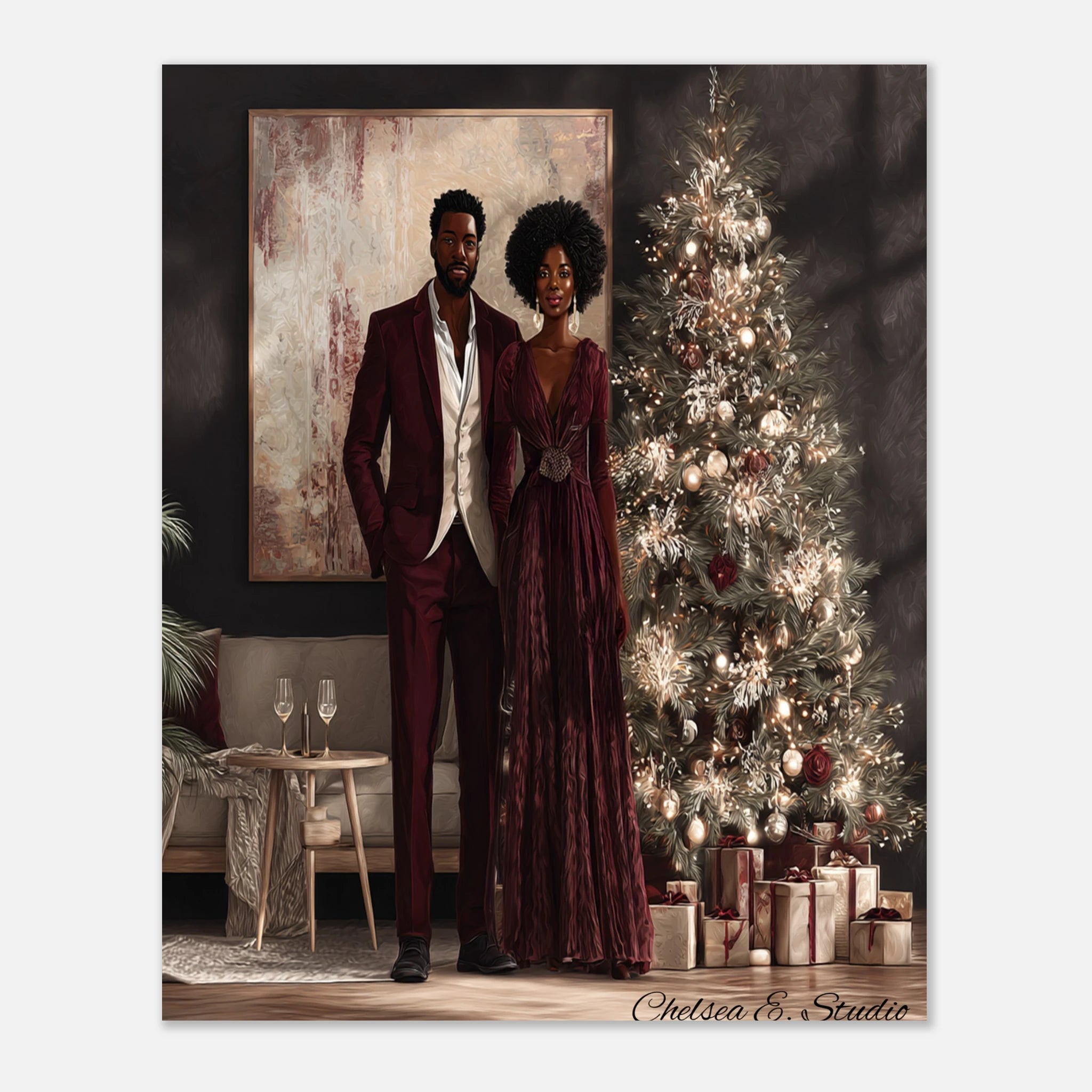 Christmas Poster featuring a stylish Black holiday couple in festive Christmas artwork.