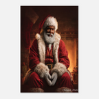 Christmas Poster featuring Black Santa seated beside a glowing fireplace in a cozy Christmas scene.