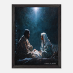 Christmas Poster featuring Mary, Joseph and baby Jesus beneath the Christmas star in a classic Nativity scene.