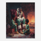 Christmas Poster featuring Black Santa sharing a warm fireside Christmas moment.