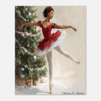 Christmas Poster featuring a graceful young Black ballerina dancing beside a decorated Christmas tree.