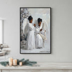 Christmas Poster featuring angels announcing the Christmas story in elegant Christian holiday artwork.