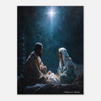 Christmas Poster featuring Mary, Joseph and baby Jesus beneath the Christmas star in a classic Nativity scene.