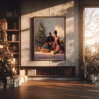 Christmas Poster featuring a joyful Black family Christmas morning scene with gifts and holiday warmth.