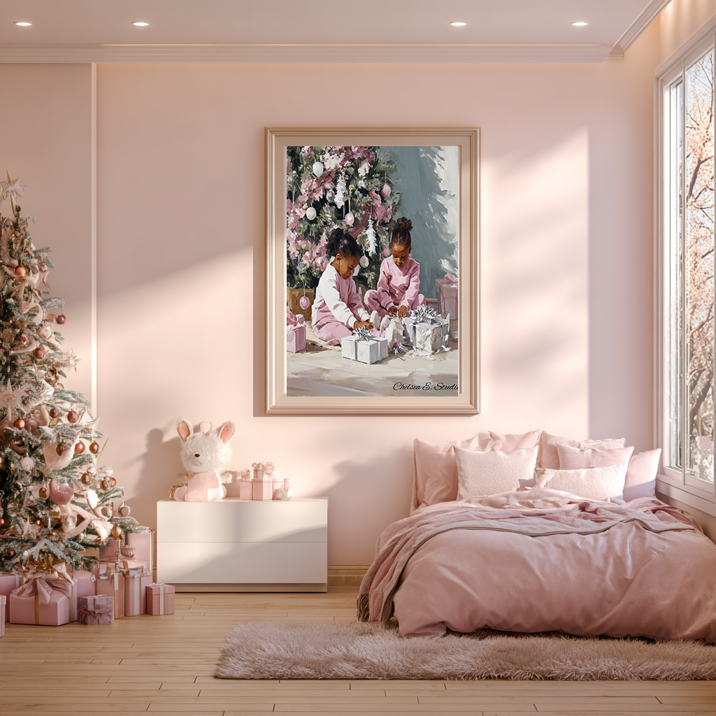 Christmas Poster featuring young Black girls in a sweet Christmas holiday scene.