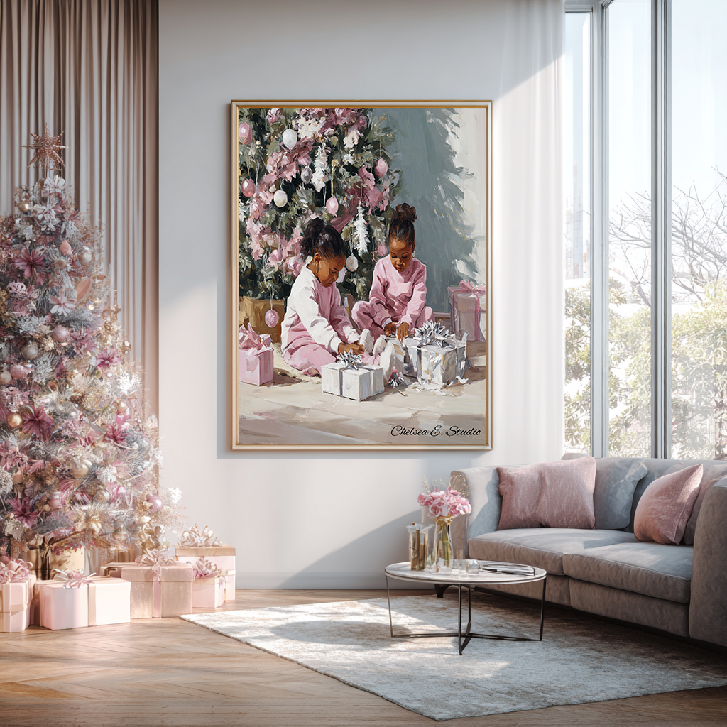 Christmas Poster featuring young Black girls in a sweet Christmas holiday scene.