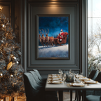 Christmas Poster featuring Santa racing through a snowy night with his sleigh and reindeer.
