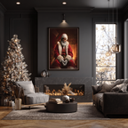 Christmas Poster featuring Black Santa seated beside a glowing fireplace in a cozy Christmas scene.