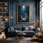 Christmas Poster featuring Mary, Joseph and baby Jesus beneath the Christmas star in a classic Nativity scene.